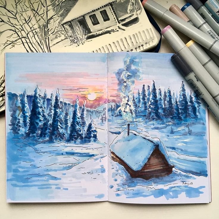 Зимний пейзаж маркерами