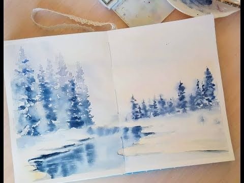 Зимний пейзаж акварелью для начинающих