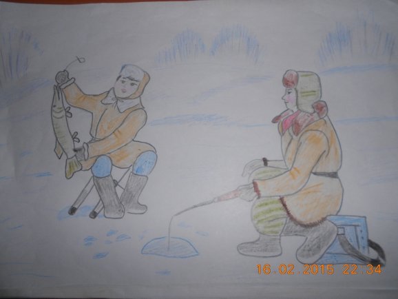 Рисунок на тему зимняя рыбалка