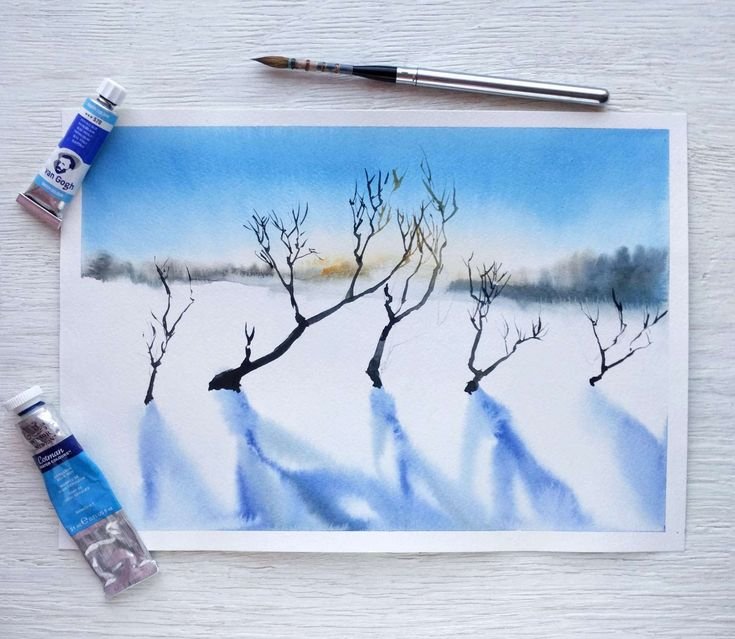 Зимние рисунки акварелью