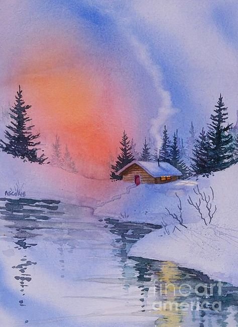 Зимн й пейзаж акварелью
