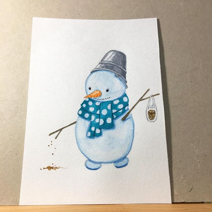 Снеговик рисунок акварелью