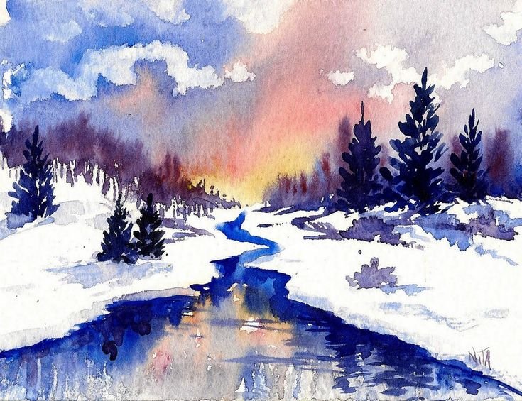Зимний пейзаж рисунок гуашью
