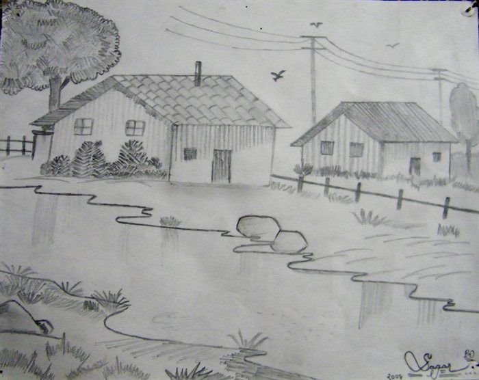 Деревня рисунок карандашом