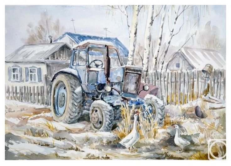 Трактор акварель