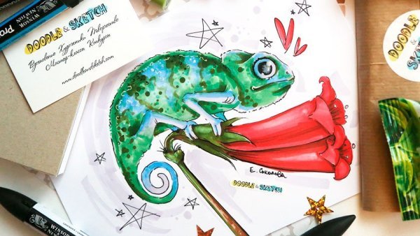 Хамелеон рисунок маркерами