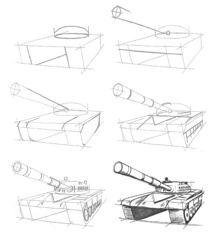 Нарисованный танк карандашом спереди