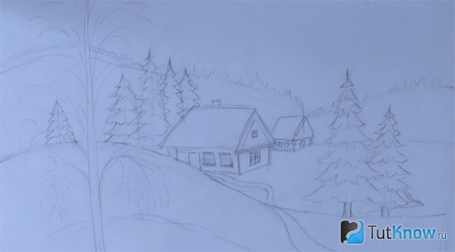 Зимний пейзаж карандашом