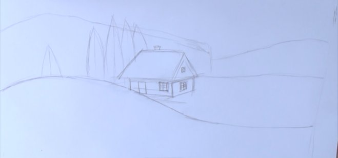 Пейзаж зимы карандашом