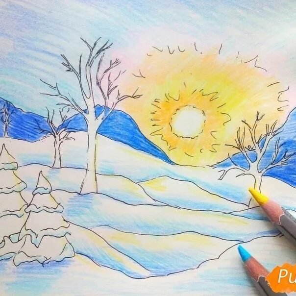 Зимний пейзаж карандашом