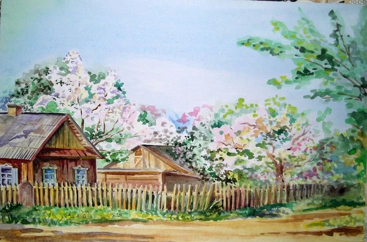 Деревенский пейзаж гуашью