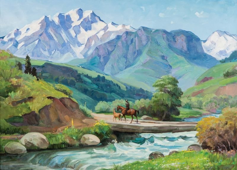 Пейзажи горного кишлака у картины художник Узбекистана Ков