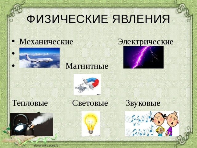 Механические звуковые тепловые электрические световые явления