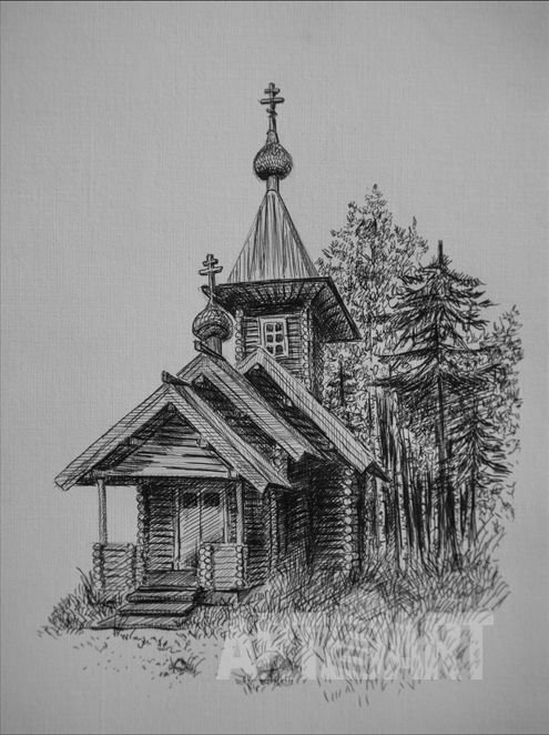 Графика деревянный храм туш