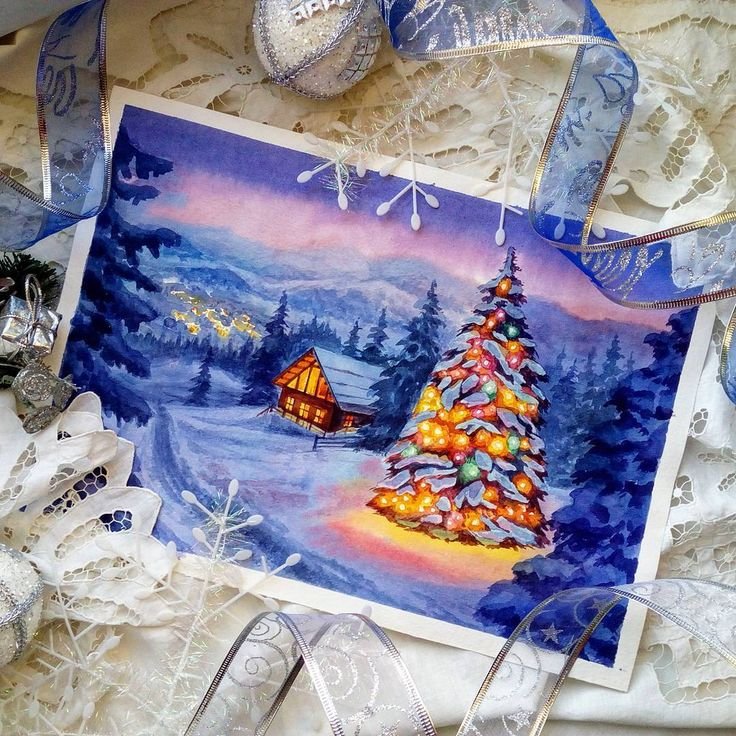 Новогодние рисунки акварелью