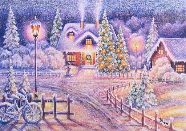 Новогодние рисунки карандашом цветные