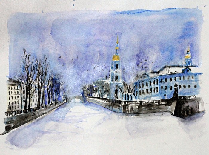 Петербург зимой акварель
