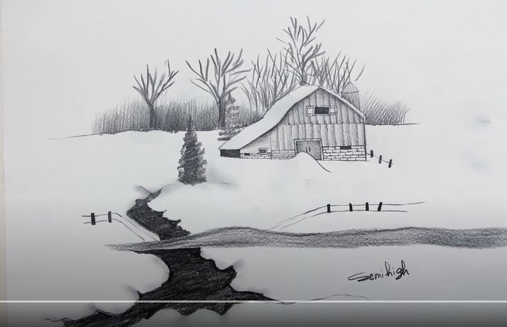 Зимний пейзаж карандашом