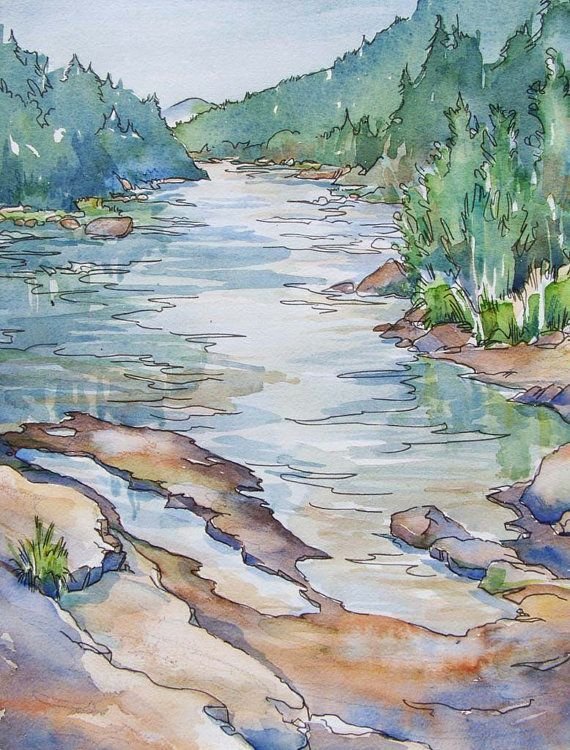 Берег реки акварелью