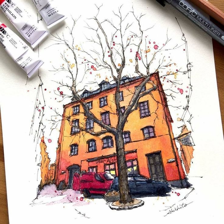 Пейзаж скетч маркерами