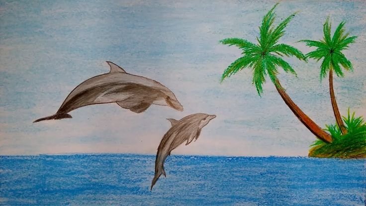 Морской пейзаж цветными карандашами
