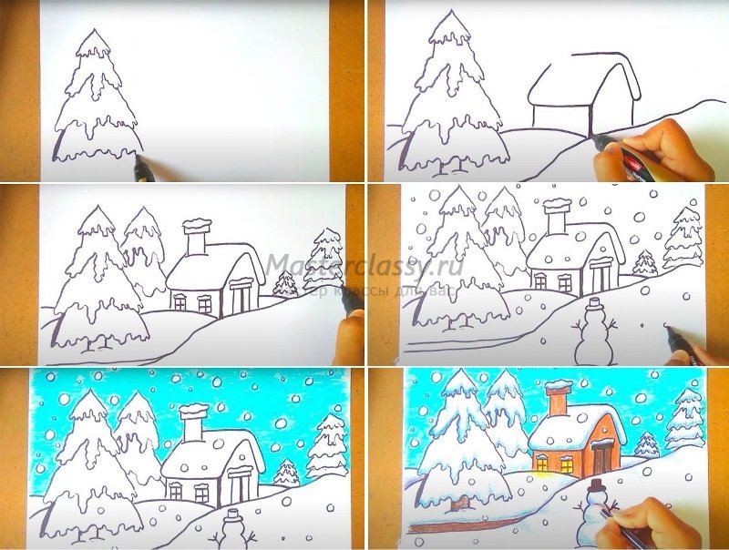 Зимний рисунок 1 класс поэтапно