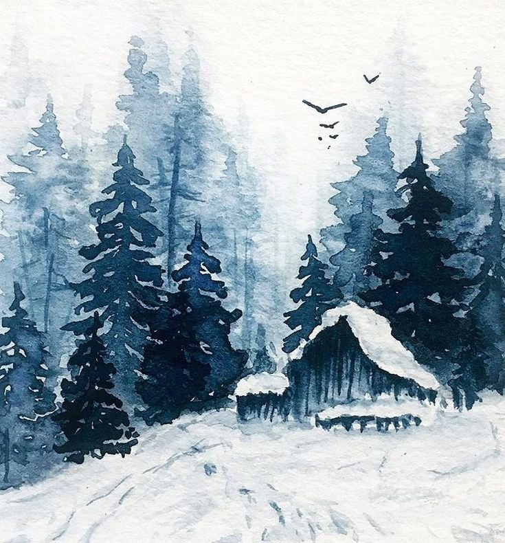 Зимний лес акварель