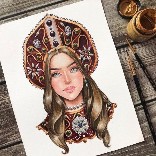 Рисование девушка в кокошнике