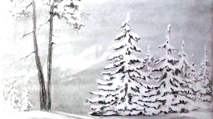 Зимний пейзаж карандашом