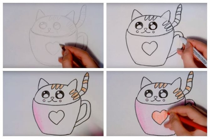 Котик в кружке рисунок легко