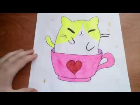 Рисунок котик в кружке лёгкий