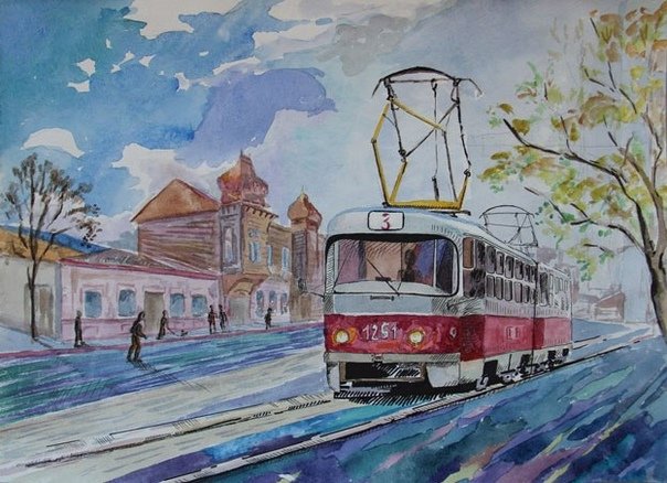 Городской пейзаж гуашью