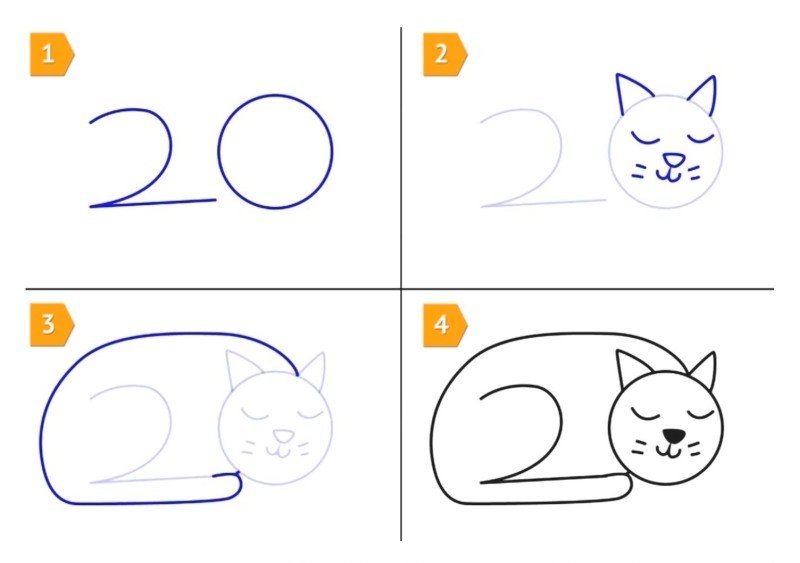 Схема рисования кошки для детей