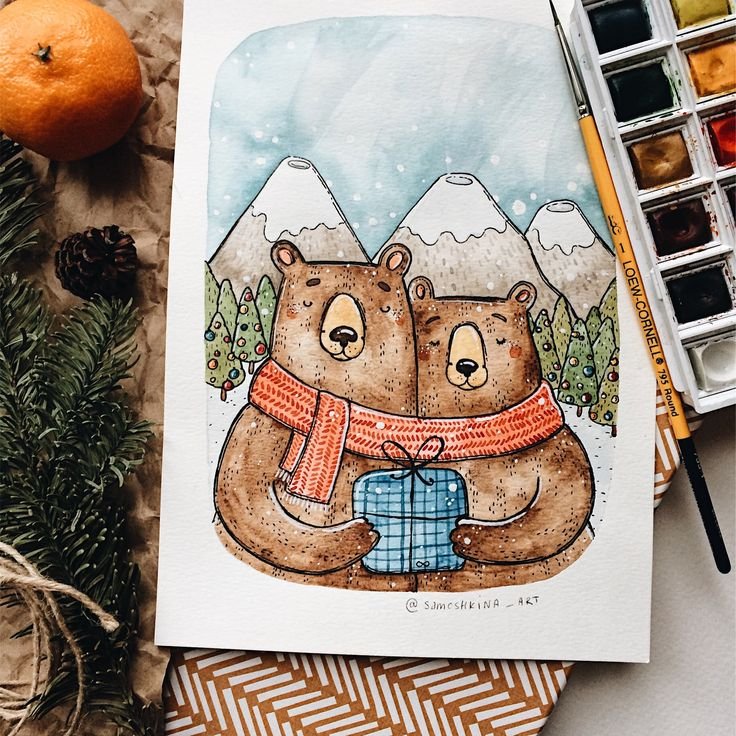 Новогодние открытки акварелью