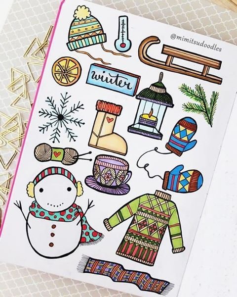 Зимние мини рисунки для ежедневника