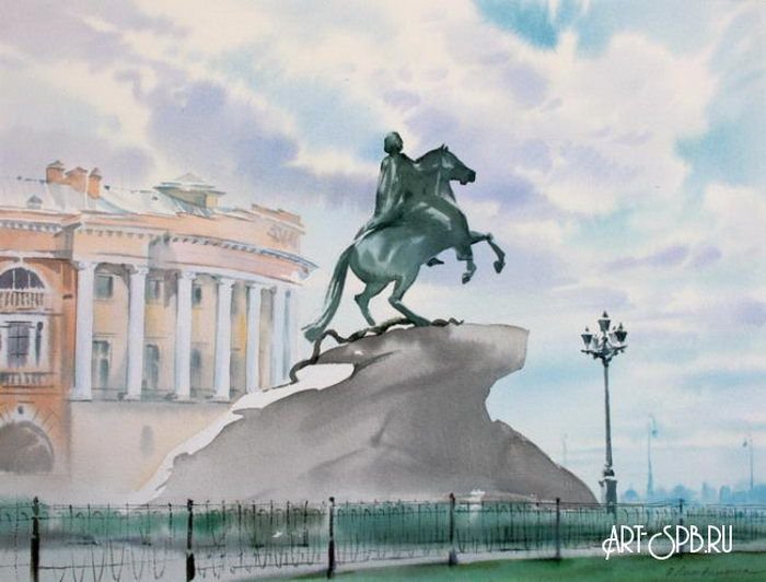 Питер памятник медный всадник акварель