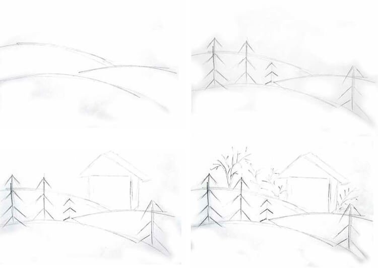 Зимний лес рисование карандашами