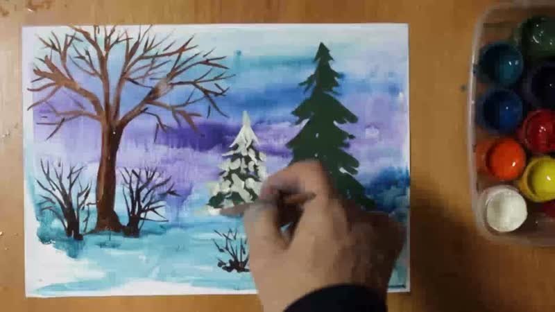 Зимний пейзаж красками для детей