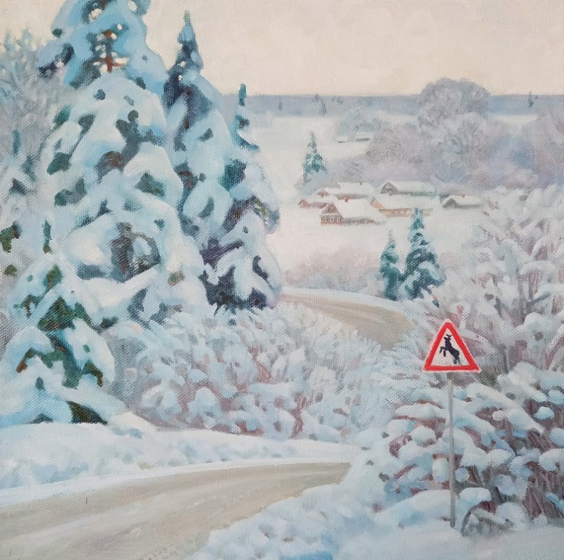 Картина маслом зимняя дорога