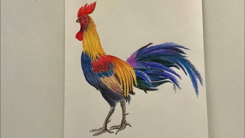 Детский рисунок петуха цветными карандашами
