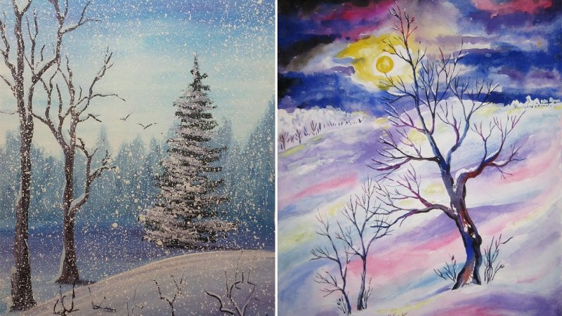 зимние пейзажи гуашью