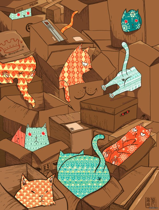 Иллюстрация кошка в коробке