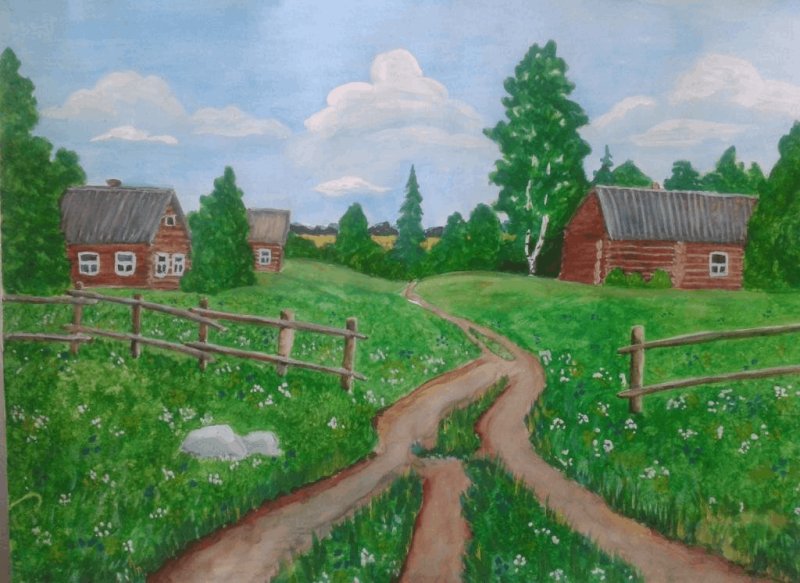 Деревенский пейзаж рисунок