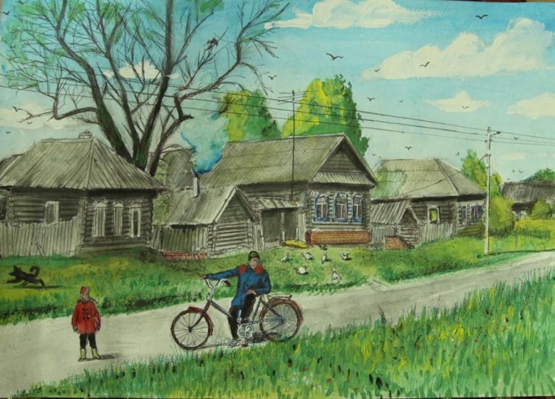 Деревенский пейзаж цветными карандашами