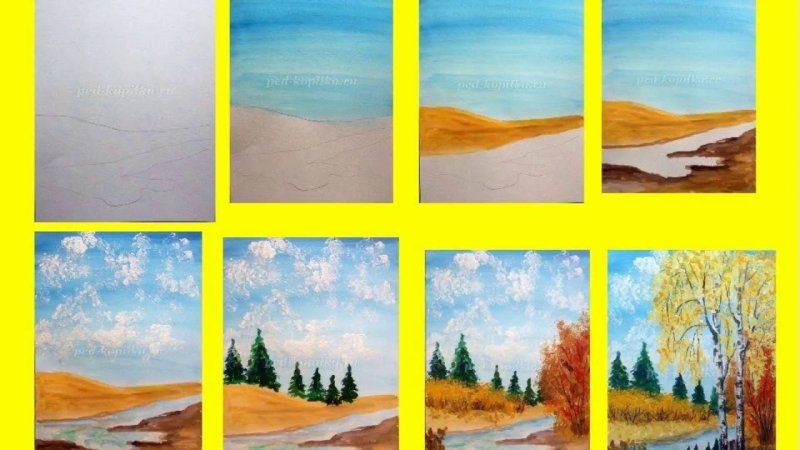 Этапы рисования пейзажа гуашью