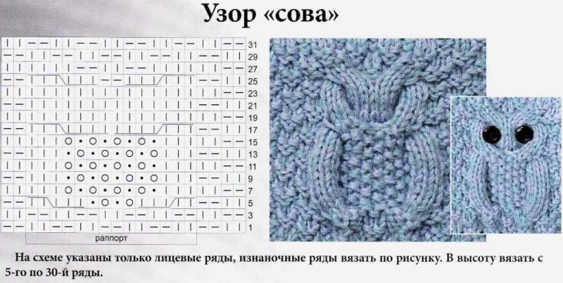 Вязание спицами узор Сова схема