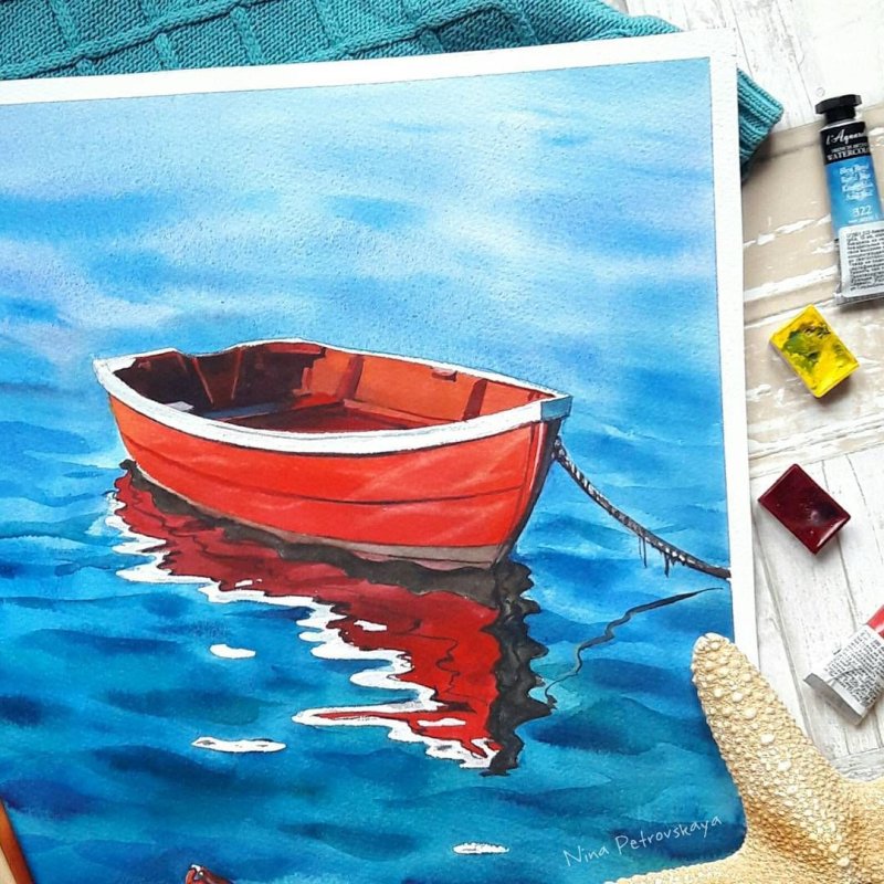 Лодка на воде акварель