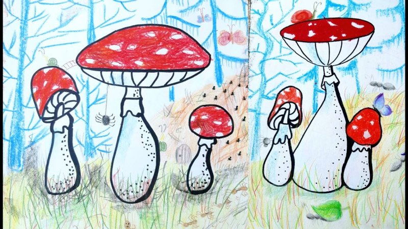 Рисование мухоморы в лесу