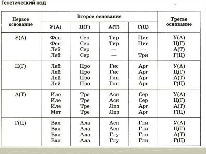 Таблица генетического кода биология 10 кл