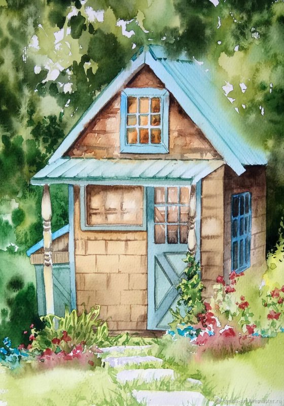 Деревенский домик акварелью